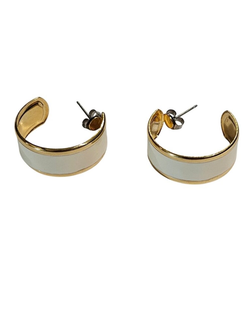 Vintage 80s Goldtone Cream Enamel Open Hoop Earrings 1 inch